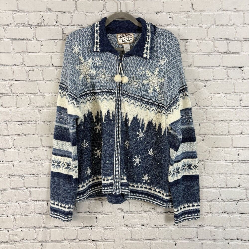Vtg Heirloom Collectibles Snowflake Zip Cardigan Sweater XL Blue Nordic Pom Pom
